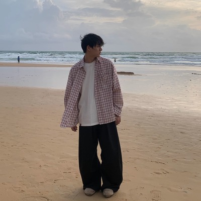 NOFACE美式复古红色格子长袖衬衫宽松休闲衬衣外套潮牌上衣