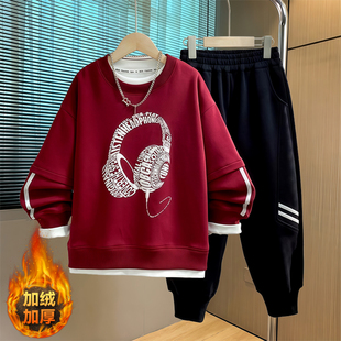 胖男童秋冬装加绒卫衣套装加肥加大保暖长袖中大童休闲运动两件套
