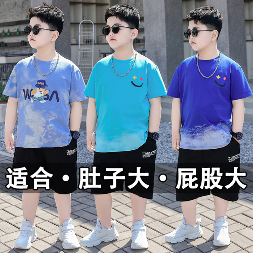胖童装男童加肥加大短袖套装显瘦