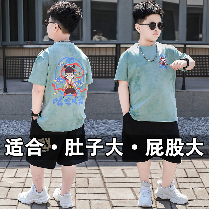 小胖墩胖童装男童套装2025夏季新款哪吒短袖T恤中大童休闲两件套8 - 实物图