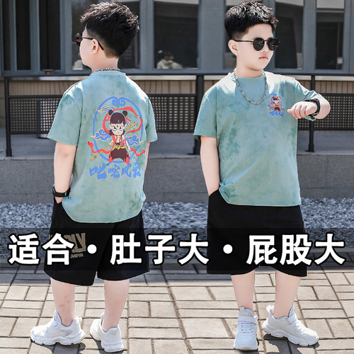 哪吒元素短袖套装中大童加肥T恤