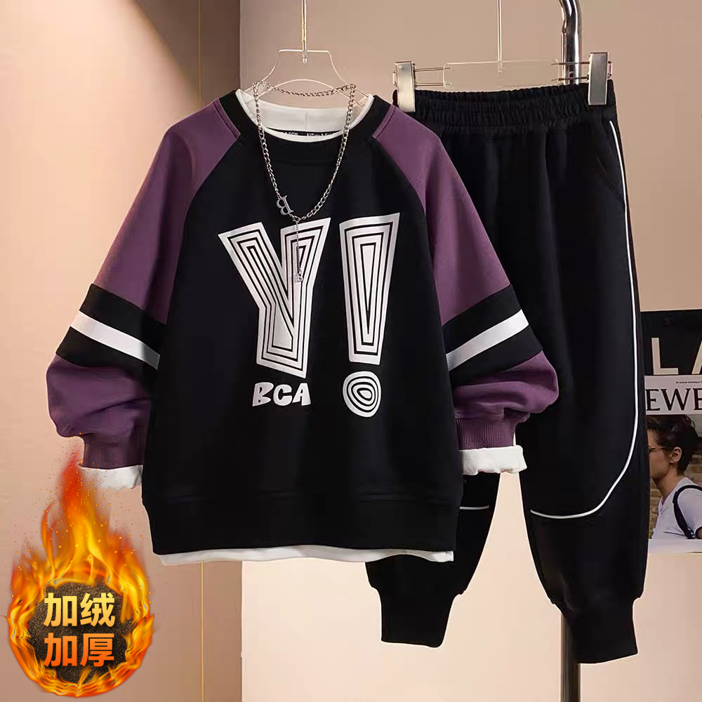 胖男童秋冬装套装加肥加大码宽松保暖运动服冬季加绒卫衣中大童潮