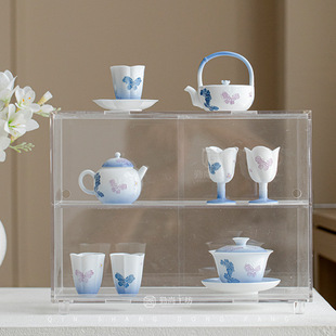 渐变手绘绣球花蝴蝶盖碗茶壶提梁壶手工浮雕陶瓷功夫茶具主人杯子