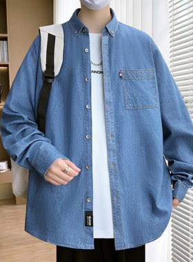 D901-2026青年长袖牛仔衬衫学生衬衣男港风模