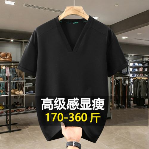 立体感大码夏季V领短袖T恤男简约休闲宽松半袖加肥加大上衣350斤