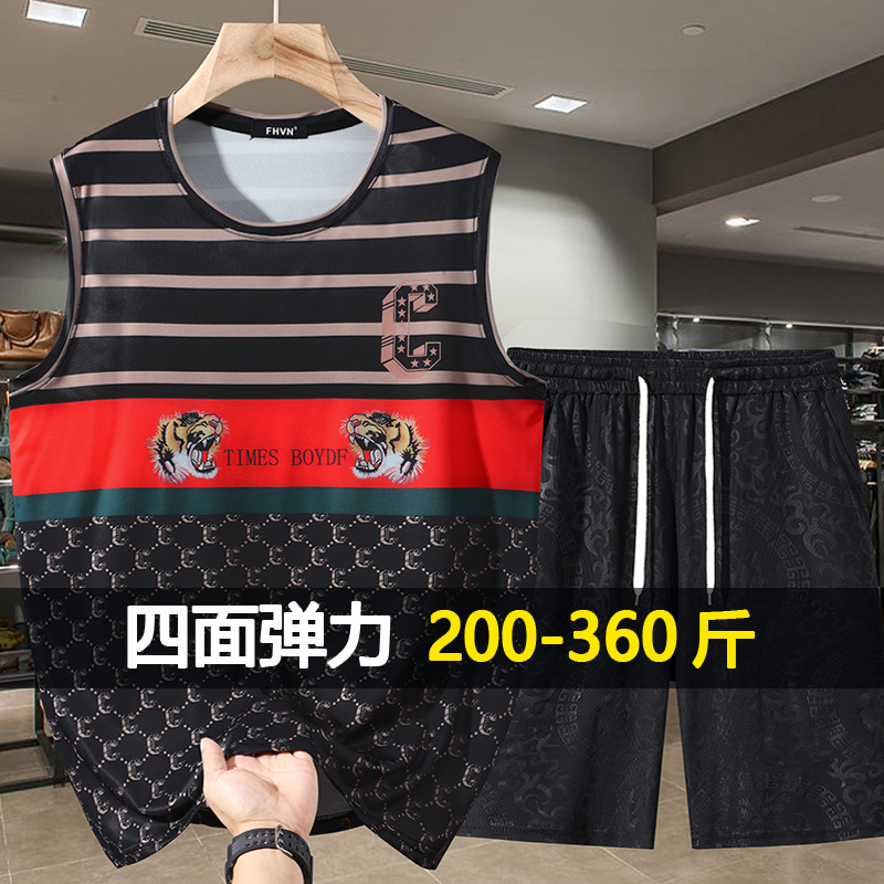 300斤潮牌大码背心套装男宽松时尚加肥加大短袖胖子运动两件套