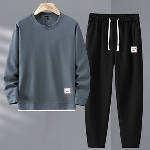 350斤加肥加大长袖套装男士T恤休闲春秋季潮流纯色宽松卫衣二件套