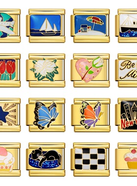 金底可爱猫咪蝴蝶意大利模块手链滴油不锈钢DIY表带情侣闺蜜礼物