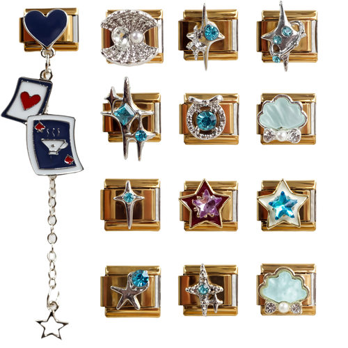 5件不锈钢意大利模块手链金底蓝色星星DIY弹力拼接Italian charm