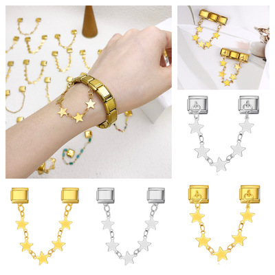 双挂钩意大利模块手链五角星吊坠拼接不锈钢表带链 Italian Charm