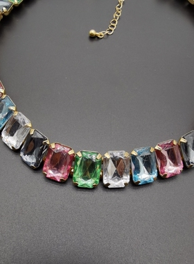 外贸饰品A2新款质感几何镶嵌彩色宝石街拍走秀漂亮大气项链瑕疵