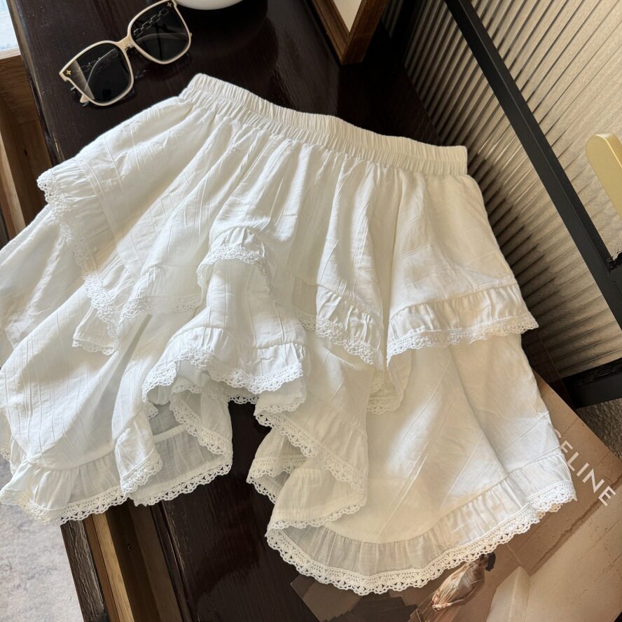 白色不规则蛋糕裙半身裙女设计感高腰蕾丝花边蓬蓬短裙小个子伞裙