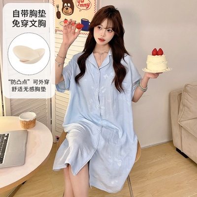 睡衣女夏季纯棉短袖开衫带胸垫