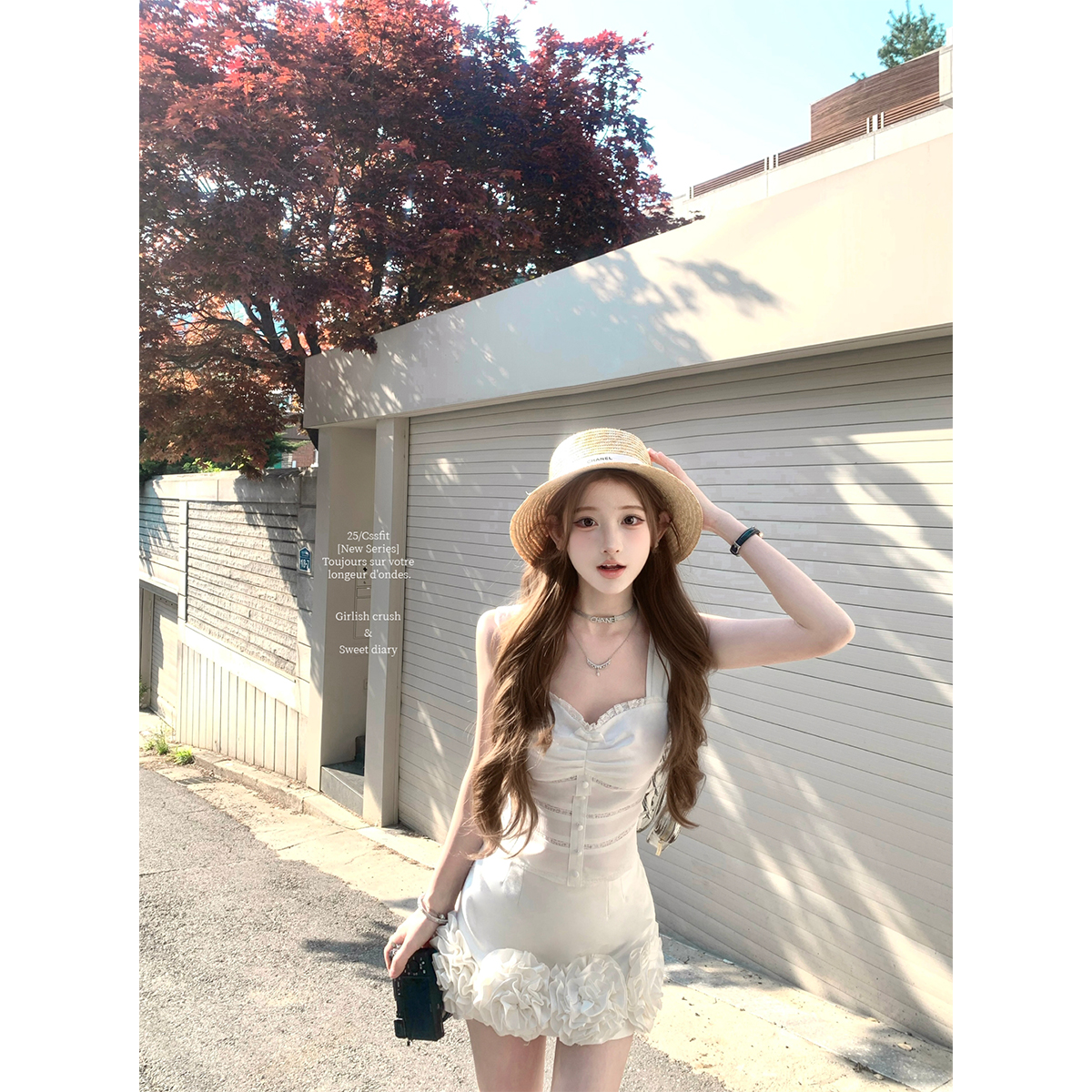 迟伞伞蕾丝无袖上衣立体花朵半裙