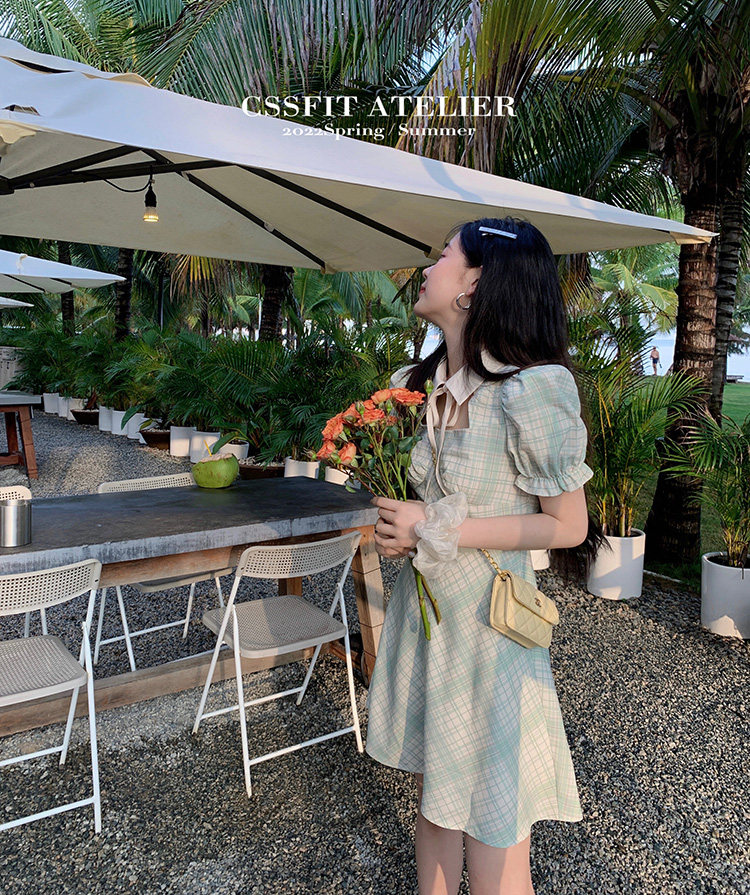 【迟伞伞】 致爱丽丝 蜜瓜绿格纹小翻领连衣裙