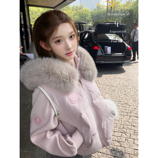 迟伞伞26/fw 马杜尔夕光 goose粉灰狐狸毛领90白鸭绒拼接羽绒服