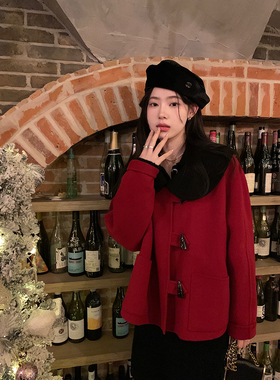 迟伞伞 Christmas tree farm红与黑新年娃娃领羊毛短大衣女