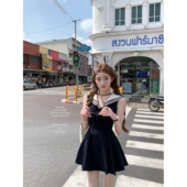 初访六本木 迟伞伞 海军领棉质木耳边无袖 连衣裙米白&藏青