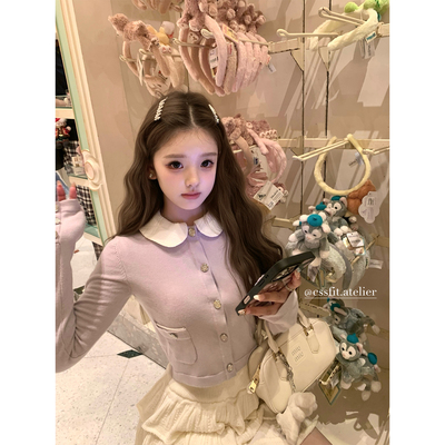 迟伞伞撞色菱格领针织开衫