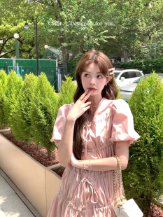 V领短款 烟粉色系带连衣裙打揽泡泡袖 女 馥奇玫瑰调 迟伞伞