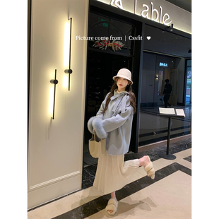 迟伞伞 雪顶慕斯 莫奈美术馆 下摆细褶奶白色针织羊毛半身长裙女