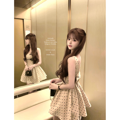 迟伞伞 25/ss 心动波尔卡 波点大蝴蝶结撞色无袖亚麻背心裙