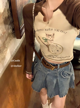 迟伞伞 Too spicy lost kitten撞色猫咪长袖tee美式短上衣女