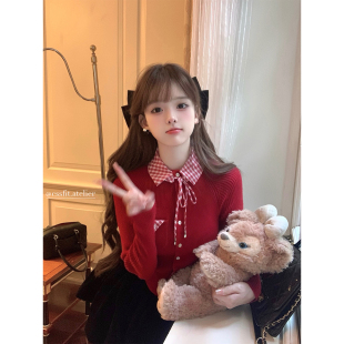 蝴蝶结丝绒裙裤 假两件红格纹显瘦针织开衫 女 圣诞纪念日 迟伞伞