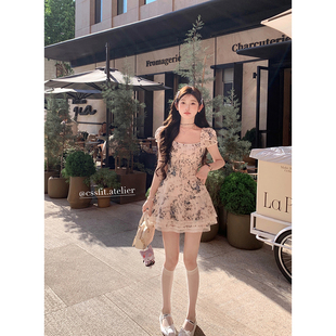 美学氛围碎花泡泡袖 轻中式 连衣裙女蕾丝收腰短裙 沉香枝蔓 迟伞伞