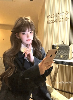 迟伞伞25/fw 半颗橡果 卡其/藏青色双排扣翻领羊毛呢大衣气质外套