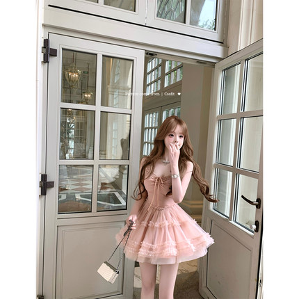 迟伞伞25/ss 桃桃小猫 粉蕾丝花边拼接螺纹芭蕾纱裙公主风连衣裙
