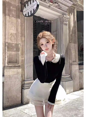 迟伞伞26/ss 夜珀礼赞 手工钉珠领撞色黑色开衫可拆卸娃娃领上衣