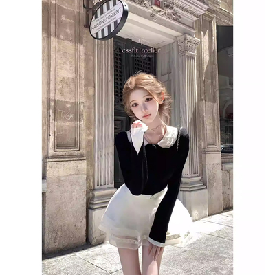 迟伞伞手工钉珠领撞色黑色开衫