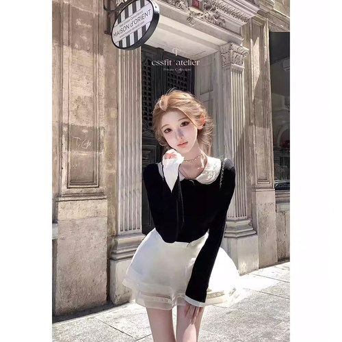 迟伞伞手工钉珠领撞色黑色开衫