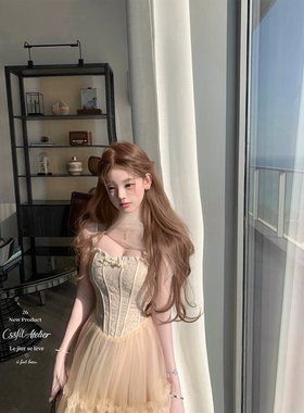 迟伞伞26/ss 小枝初雨 超仙纱纱披肩蕾丝吊带纱裙长/短版连衣裙