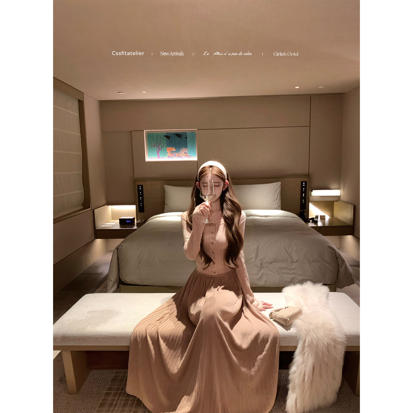 迟伞伞25/fw FIG香氛  茶粉镂空花边领针织开衫无花果百褶针织裙