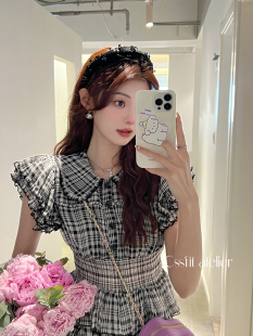 连衣裙女夏娃娃领短裙 黑白格纹小飞袖 迟伞伞 辛德瑞拉Cinderella