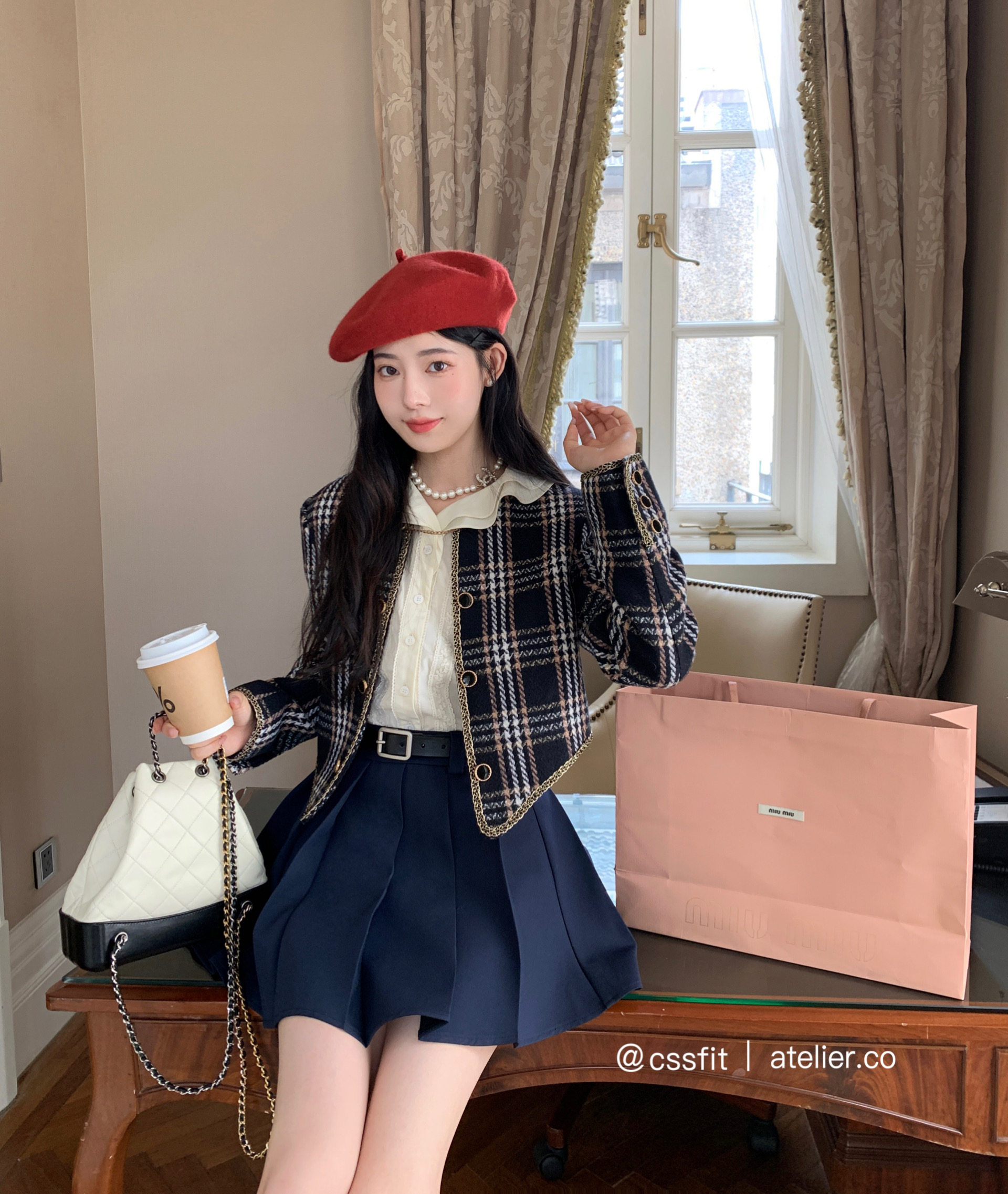 迟伞伞奶檀格纹小香外套