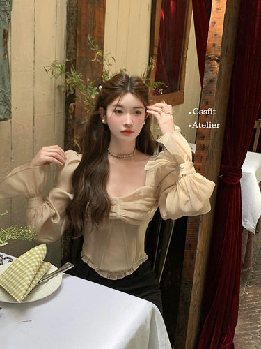 重工jue美鱼骨宫廷裸感衬衫上衣