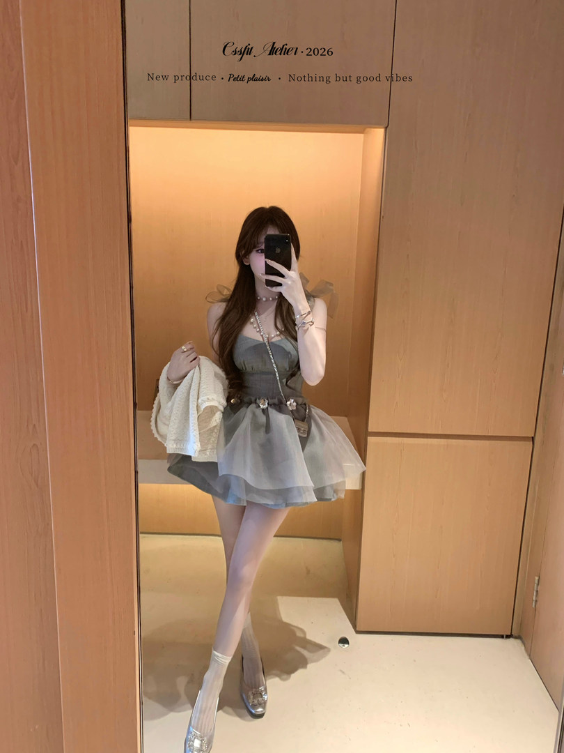 Gray layered tulle dress worn in a mirror selfie with silver heels