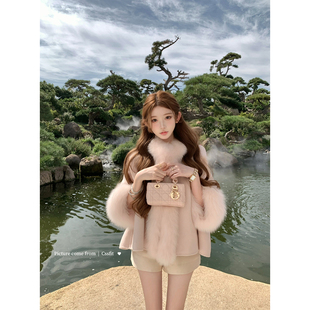 迟伞伞25/fw 雪国列车 芬兰狐狸毛羊毛双面呢短款斗篷大衣外套