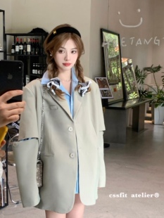 外套百搭上衣女 截断设计感灰绿色老爹休闲西装 迟伞伞 松林少女