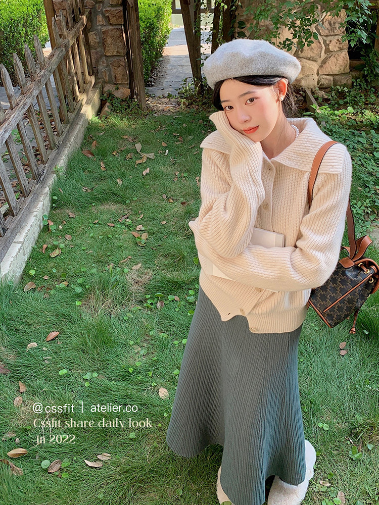 翻领羊毛针织开衫毛衣