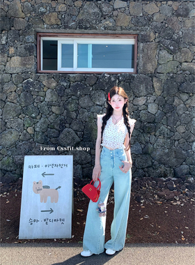 迟伞伞 少女的比例 高腰两粒扣淡蓝色棉质直筒牛仔裤百搭显瘦长裤