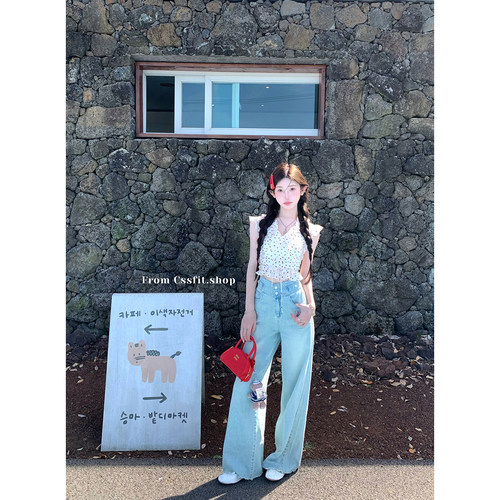 迟伞伞 少女的比例 高腰两粒扣淡蓝色棉质直筒牛仔裤百搭显瘦长裤