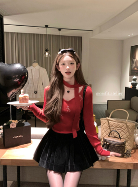 迟伞伞 mistletoe氛围 红围巾钉钻蝴蝶结针织衫上衣丝绒裙套装