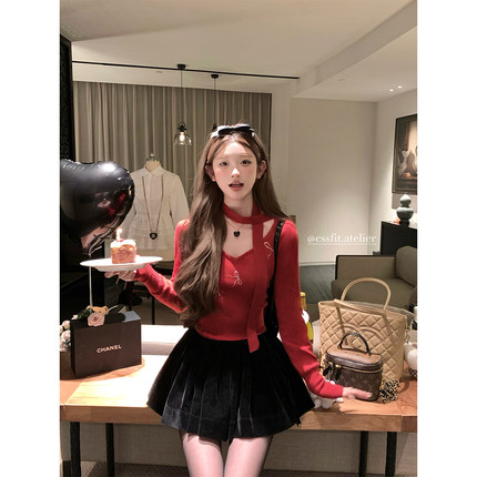 迟伞伞 mistletoe氛围 红围巾钉钻蝴蝶结针织衫上衣丝绒裙套装