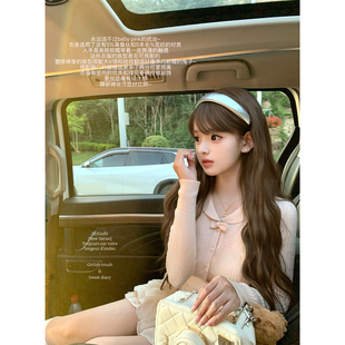 迟伞伞25/fw 绯色序曲 彼得潘领裸粉蝴蝶结翻领羊毛针织开衫