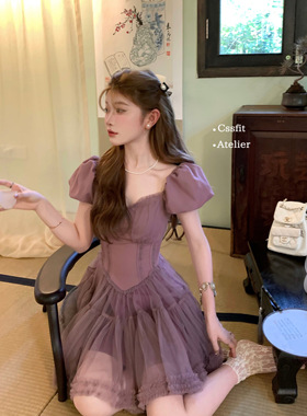 迟伞伞 Cssfit 海雾小苍兰 短袖版 jue美毕业舞会纱裙连衣裙