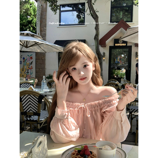 纯棉v领2way慵懒系带衬衫 粉荔海盐 甜美一字肩上衣 迟伞伞25